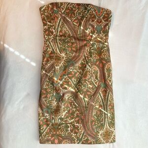 Tori Richard Strapless Mini Dress in Gold, Coral & Teal Paisley